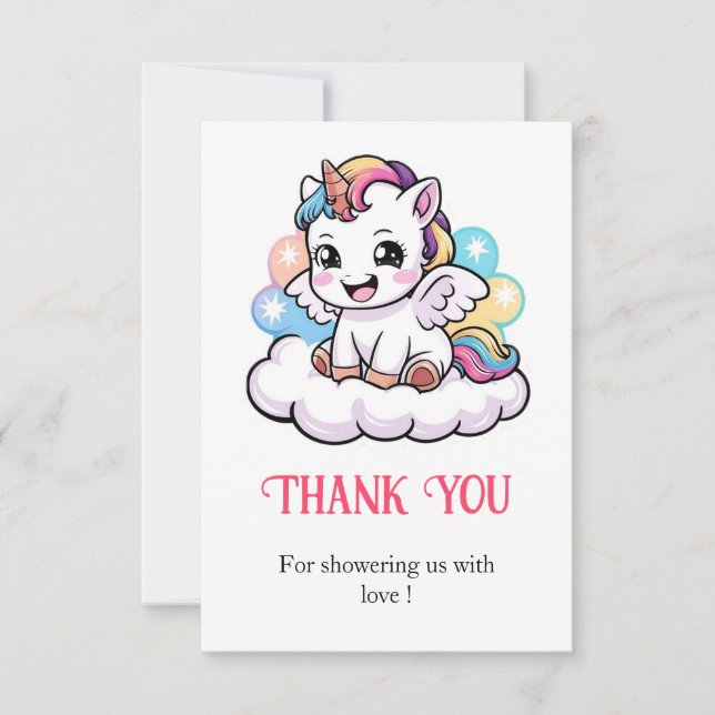 Tarjeta De Agradecimiento Cute Fairytale Unicorn Baby Shower (Anverso)