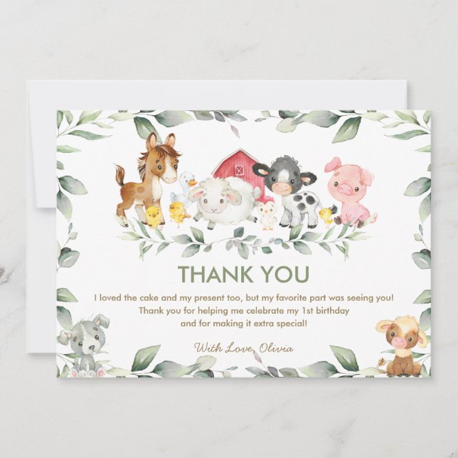 Tarjeta De Agradecimiento Cute Farm Animals Greenery Baby Shower Cumpleaños (Anverso)