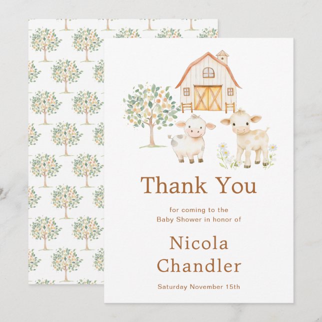 Tarjeta De Agradecimiento Cute Farm Barn Baby Shower (Anverso / Reverso)