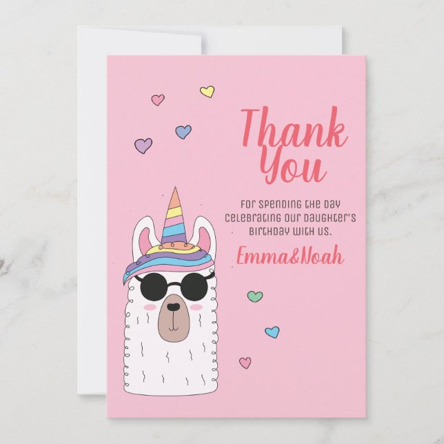 Tarjeta De Agradecimiento Cute Fiesta Llamacorn Cumpleaños Gracias (Anverso)