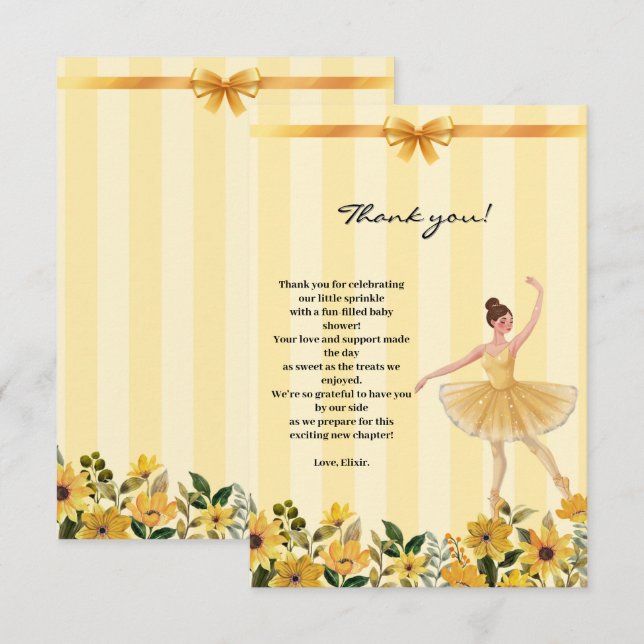 Tarjeta De Agradecimiento Cute Floral Amarillo Ballerina Ribbon Baby Shower (Anverso / Reverso)