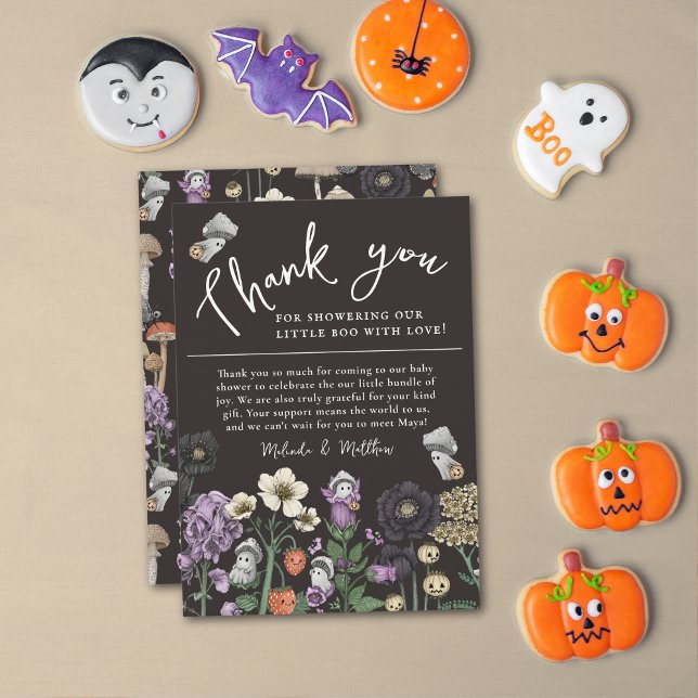 Tarjeta De Agradecimiento Cute Floral Fantasma Halloween Baby Shower Gracias (Black Halloween Baby Shower Thank you cards with mushroom ghosts and flowers. )