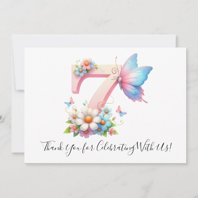 Tarjeta De Agradecimiento Cute Floral Mariposa Séptimo Cumpleaños Gracias (Anverso)