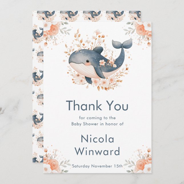 Tarjeta De Agradecimiento Cute Floral Whale Baby Shower  (Anverso / Reverso)
