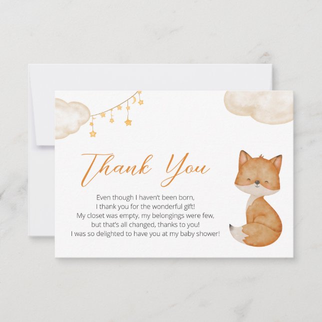Tarjeta De Agradecimiento Cute Fox Baby Shower Gracias Card (Anverso)