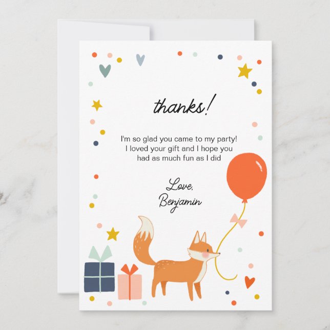 Tarjeta De Agradecimiento Cute Fox Fiesta Infantil Moderna Gracias (Anverso)