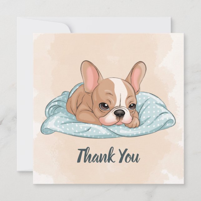 Tarjeta De Agradecimiento Cute French Bulldog Pup Blue Blanket Baby Shower (Anverso)