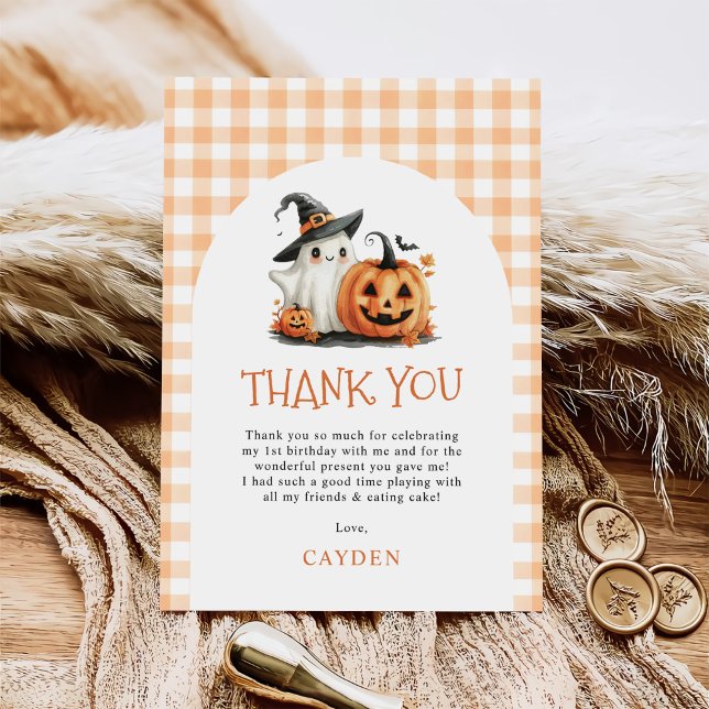 Tarjeta De Agradecimiento Cute Gingham Halloween Ghost 1º cumpleaños (Subido por el creador)
