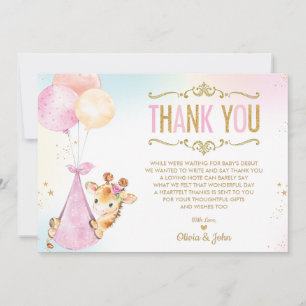 Tarjeta De Agradecimiento Cute Giraffe Chica de globos Baby Shower Sprinkle