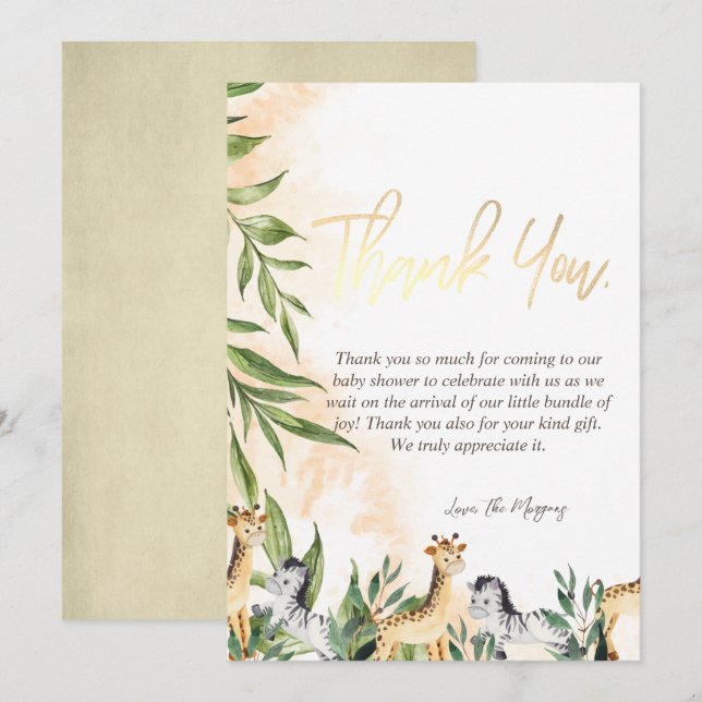 Tarjeta De Agradecimiento Cute Giraffe, hojas de cebra (Anverso / Reverso)