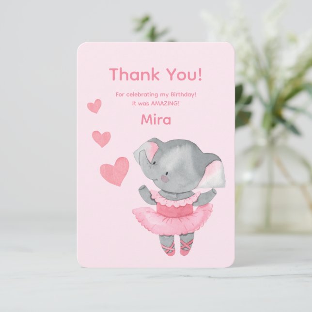 Tarjeta De Agradecimiento Cute Girly Elephant Ballerina Birthday Party  (Anverso de pie)
