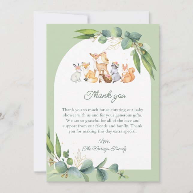 Tarjeta De Agradecimiento Cute Greenery Woodland Animals Baby Shower (Anverso)