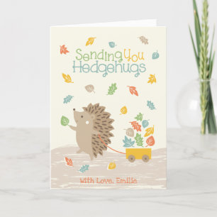 Tarjeta De Agradecimiento Cute Hedgehog con coche de pequeñas hojas