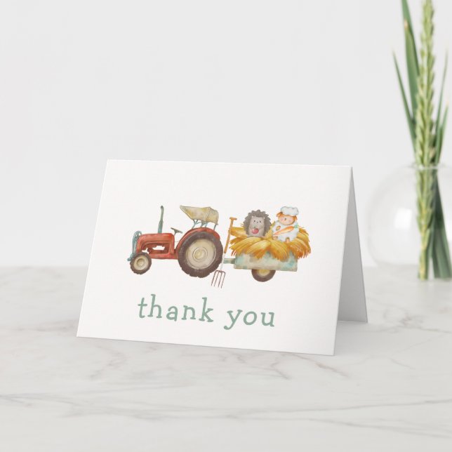 Tarjeta De Agradecimiento Cute Hedgehog Farm Tractor Baby Shower (Anverso)