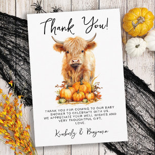 Tarjeta De Agradecimiento Cute Highland Cow Autumn Pumpkins Baby Shower