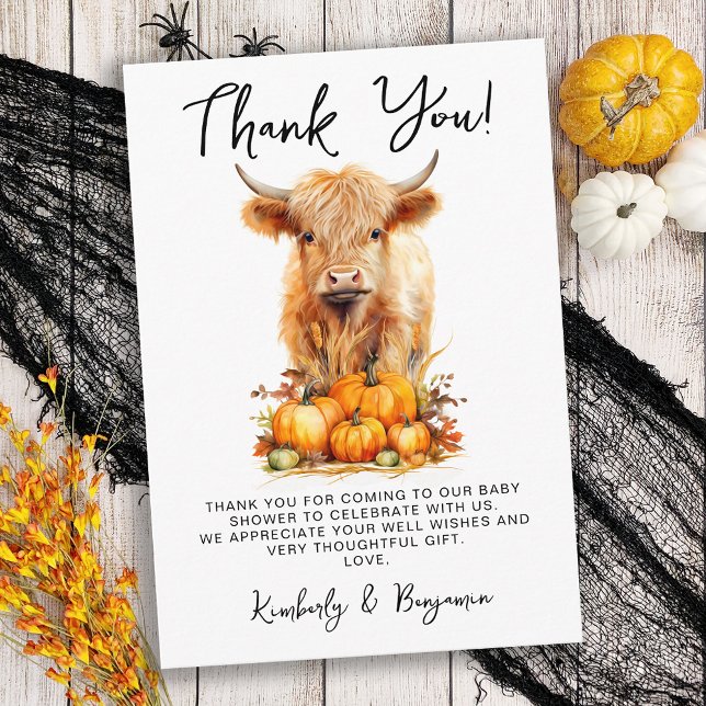 Tarjeta De Agradecimiento Cute Highland Cow Autumn Pumpkins Baby Shower (Subido por el creador)
