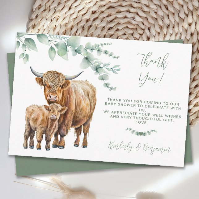 Tarjeta De Agradecimiento Cute Highland Cow Greenery Eucalyptus Baby Shower (Subido por el creador)