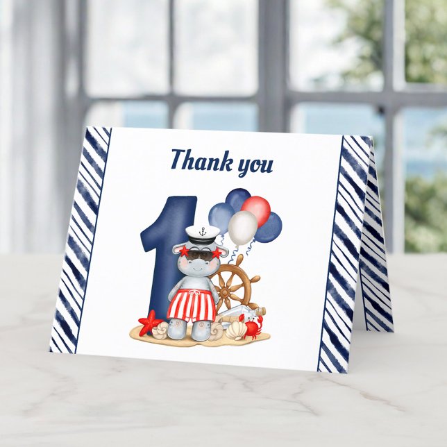 Tarjeta De Agradecimiento Cute Hippo Nautical Navy Blue primer cumpleaños (Cute Hippo Nautical Navy Blue 1st Birthday Boy Thank You Card)