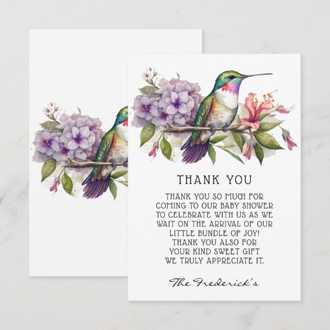 Tarjeta De Agradecimiento Cute Hummingbird Flora Baby Shower Gracias Cartas (Anverso / Reverso)