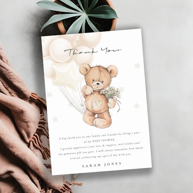 Tarjeta De Agradecimiento Cute Ivory Bear Bearly Wait Balloon Baby Shower (Subido por el creador)