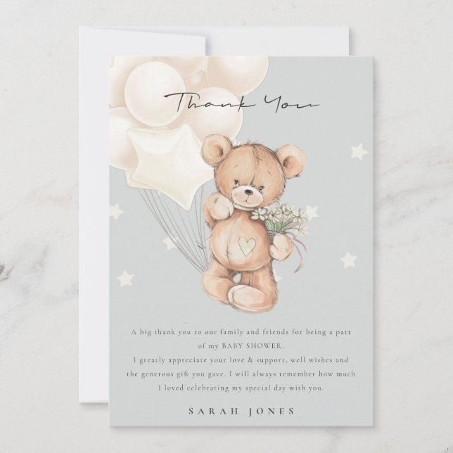 Tarjeta De Agradecimiento Cute Ivory Bear Bearly Wait Balloon Baby Shower (Anverso)