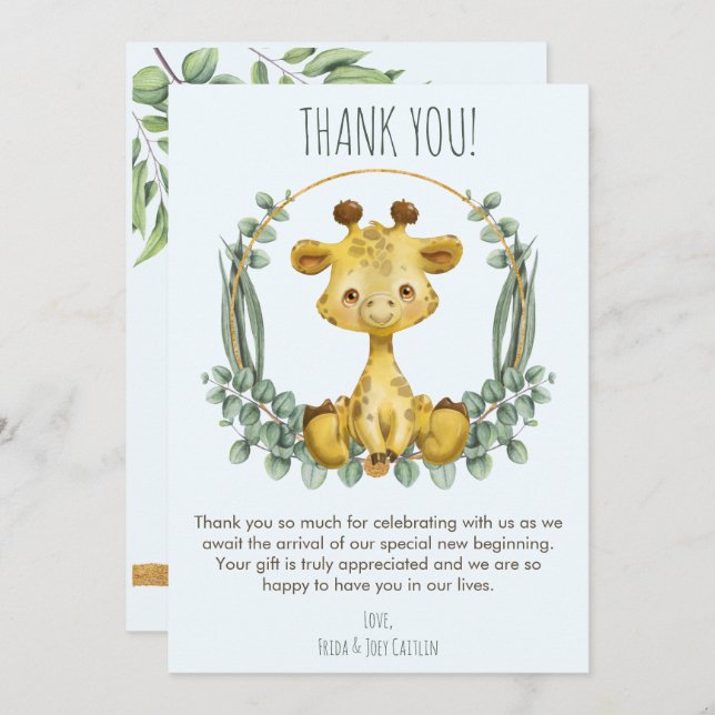 Tarjeta De Agradecimiento Cute Jungle Safari Giraffe Baby Shower Gracias (Anverso / Reverso)