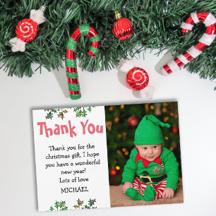 Tarjeta De Agradecimiento Cute Kids Holly deja a Navidades de fotografía