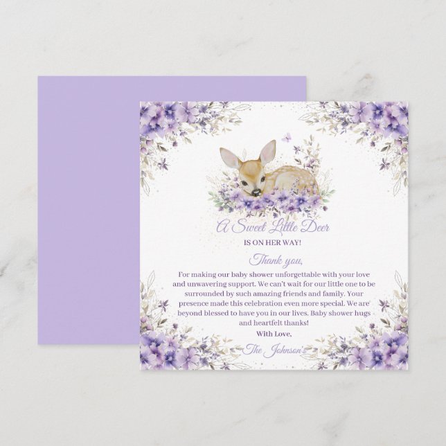 Tarjeta De Agradecimiento Cute Lavender Purple Floral Deer Baby Shower (Anverso / Reverso)