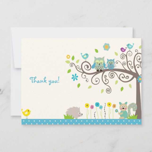 Tarjeta De Agradecimiento Cute Lechuza Azul Baby Shower Gracias Cartas (Anverso)