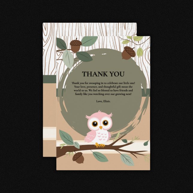 Tarjeta De Agradecimiento Cute Lechuza Rosa Woodland Forest Baby Shower (Subido por el creador)