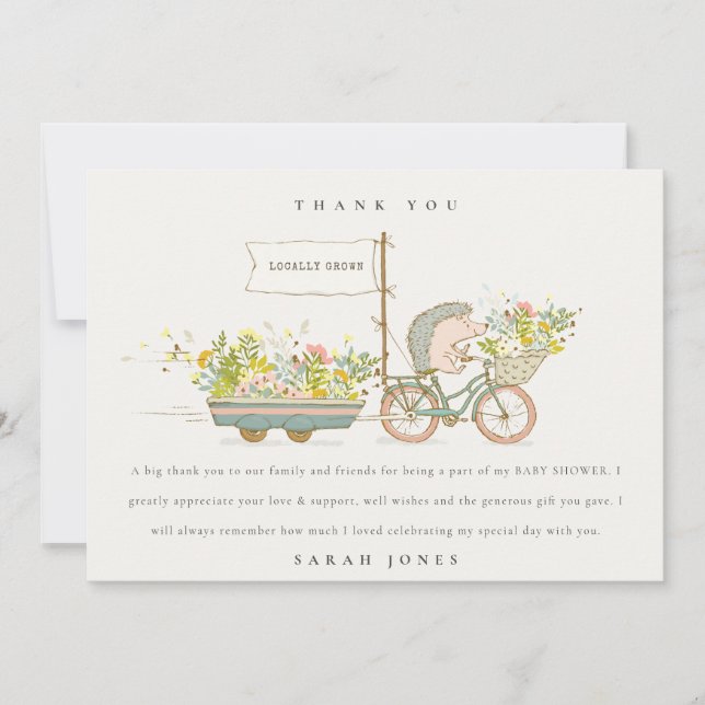 Tarjeta De Agradecimiento Cute local Hedgehog Flora Bike Baby Shower (Anverso)