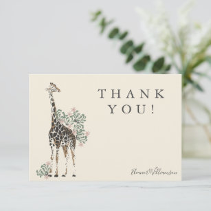 Tarjeta De Agradecimiento Cute Moderno Girafa Floral Simple Nombre de Baby S