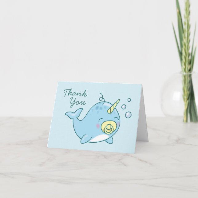Tarjeta De Agradecimiento Cute Narwhal Baby Shower Kawaii Gracias (Anverso)