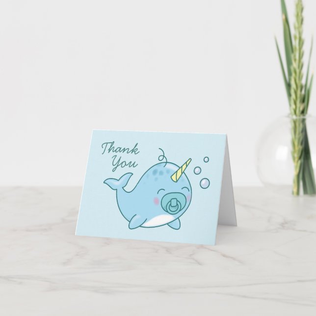 Tarjeta De Agradecimiento Cute Narwhal Baby Shower Kawaii Gracias Blue Boy (Anverso)
