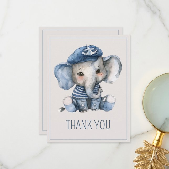 Tarjeta De Agradecimiento Cute Nautical Blue Baby Elephant Baby Shower (Anverso/Reverso In Situ)