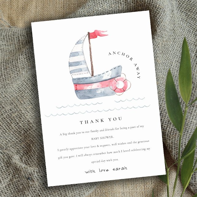Tarjeta De Agradecimiento Cute Nautical Pastel Red Blue Sailboat Baby Shower (Subido por el creador)