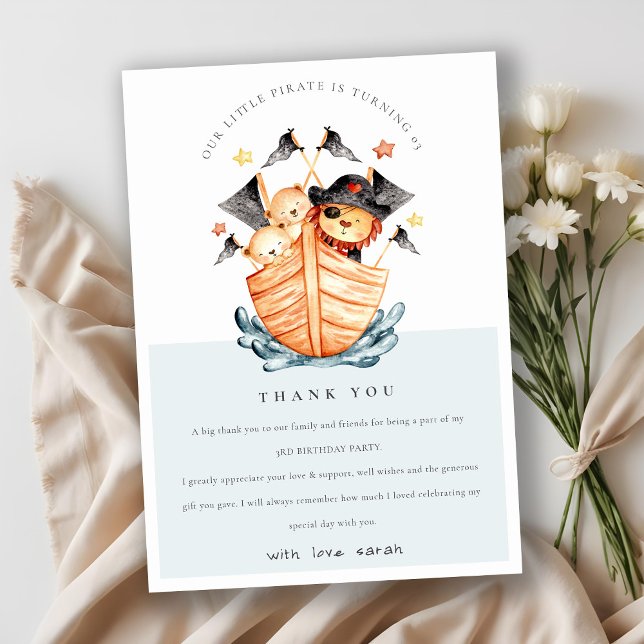 Tarjeta De Agradecimiento Cute Nautical Pirate Barco de León Niños Cubo Cump (Subido por el creador)