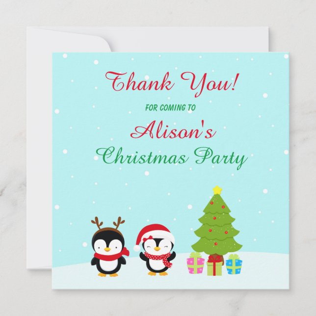 Tarjeta De Agradecimiento Cute Navidad Pingüinos de Invierno y Árbol (Anverso)