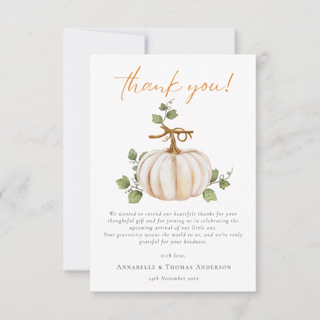 Tarjeta De Agradecimiento Cute Neutral Fall Pumpkin Baby Shower (Anverso)