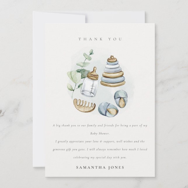 Tarjeta De Agradecimiento Cute Nursery Essential Leafy Blue Boy Baby Shower (Anverso)