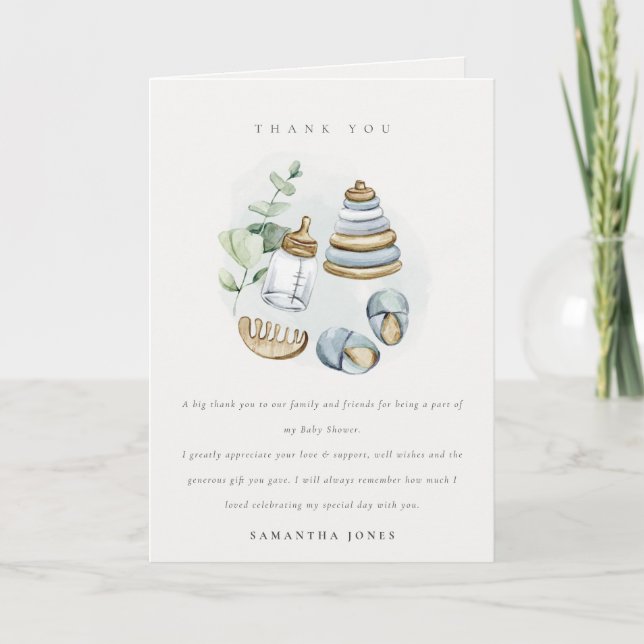 Tarjeta De Agradecimiento Cute Nursery Essential Leafy Blue Boy Baby Shower (Anverso)