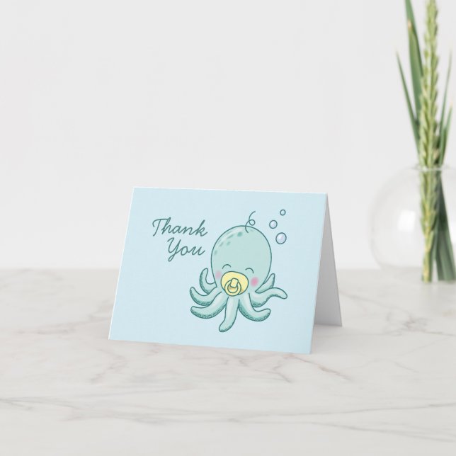 Tarjeta De Agradecimiento Cute Octopus Baby Shower Kawaii Gracias (Anverso)