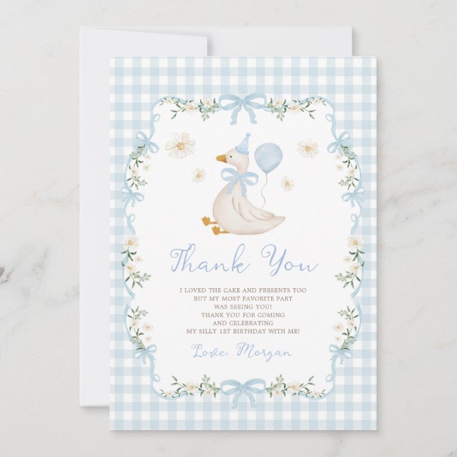 Tarjeta De Agradecimiento Cute One Silly Goose Lazo Azul Primer Cumpleaños (Anverso)