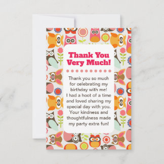 Tarjeta De Agradecimiento Cute Owl Birthday Thank you card