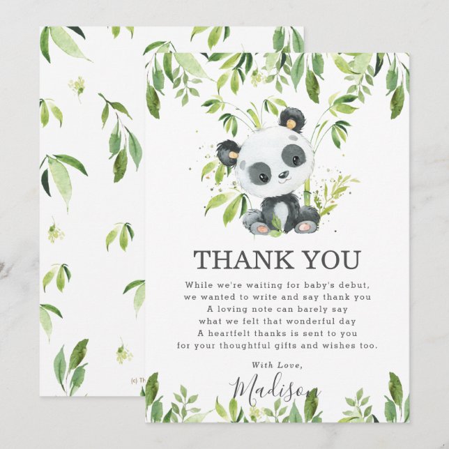 Tarjeta De Agradecimiento Cute Panda Greenery Baby Shower Género neutro (Anverso / Reverso)