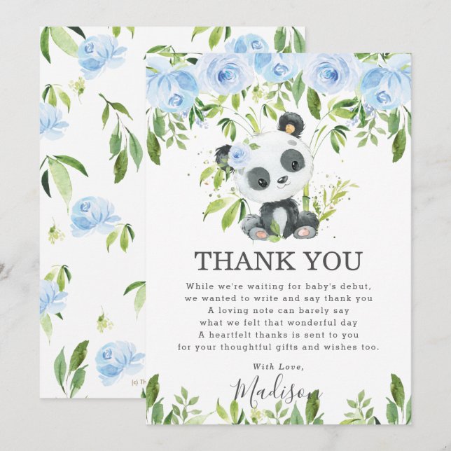 Tarjeta De Agradecimiento Cute Panda Light Blue Floral Greeneration Baby Sho (Anverso / Reverso)