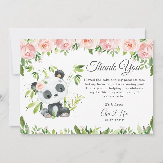 Tarjeta De Agradecimiento Cute Panda Pink Floral Greeneration Fiesta de cump (Anverso)