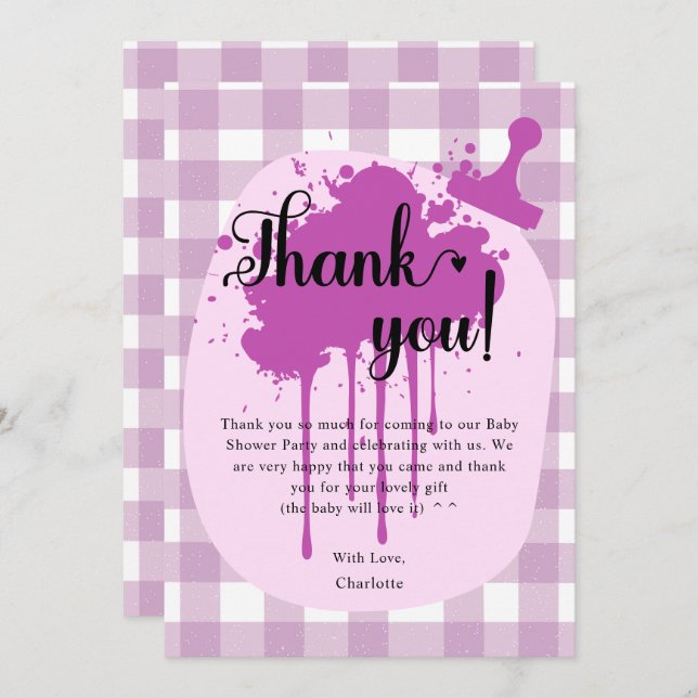 Tarjeta De Agradecimiento Cute Pastel Purple Gingham Baby Shower (Anverso / Reverso)