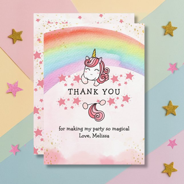 Tarjeta De Agradecimiento Cute Pastel Unicorn & Rainbow Birthday Thank You   (Subido por el creador)