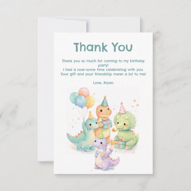 Tarjeta De Agradecimiento Cute Pastel Watercolor Dinosaurs Birthday (Anverso)